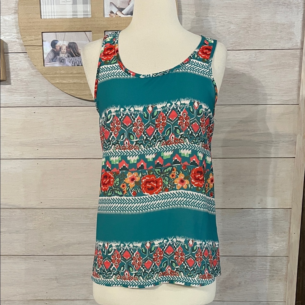 Everly Teal and Red Patterned Tank Top. S